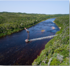 Aerial view of river sampling infrastructure spanning a forested river