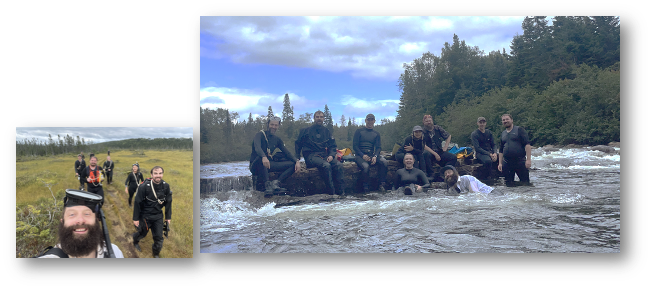 Field research team working together during river sampling